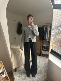 Grey cardigan, black trousers, leather mules, one button cardigan, cable knit, abercrombie, fall transition, work outfit, office wear, petite fashion, corporate fashion