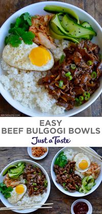 Beef Bulgogi is a Korean dish starring super-thin slices of beef marinated in the most flavor-packed mix of soy sauce, brown sugar, ginger and garlic. This make-ahead Bulgogi recipe is the ultimate meal in-a-bowl and is served with a fried egg on top. #koreanbeef #koreanrecipes #bulgogirecipe #makeaheadmeals #justatasterecipes