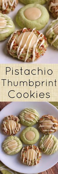 Pistachio Thumbprint Cookies with Cream Cheese Filling and White Chocolate Drizzle