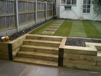 Bench, steps & raised bed made of railway sleepers. Fairly plain layout but useful for ideas. Might need anti-slip coating for wet-weather. Like the bench to the right (mostly out of picture).