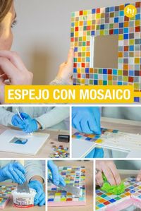 Espejo con mosaico ➜ Decora un espejo básico con un marco de madera con piezas de mosaico y dale un toque especial.  #Tutorial #Ideas #DIY #Manualidades #Crafts #Espejo #Mosaico #Decoración