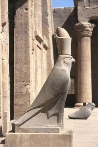 Temple of HorusSide view of a granite statue of the falcon god Horus, wearing the ‘Pschent’, or a red and white crown, as a symbol of kingship over the entire Kingdom of Egypt. Temple of Horus at...