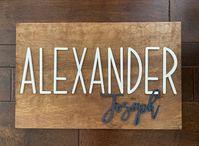 Wood name signs are the perfect addition to a nursery or new room. Nursery name signs are a great way to have you new little one’s name on display. Signs can be used in name reveals, hospital pictures, newborn and maternity photography.Each sign is designed and handmade specifically for you. Large rectangular sign measures 28 inches wide by 18 inches tall The nature of wood means no two signs will be the same. Wood grain (size and pattern) influences how stain is absorbed and retained. Sign back