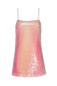 Our new Aline mini dress is a sparkling Summer stunner. Cut from a glittering pink ombré sequin stretch fabric, this short shift features a straight neckline with adjustable spaghetti straps and v backline with a strap across. Slightly sheer. Lined. Pair this 90's inspired dress with everything from flat sandals to strappy heels. Made in the USADry Clean95% Polyester 5% Spandex Model Measurements: Height 5'9", Waist 24.5, Bust 32, Hips 35Model is wearing size XS