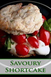 Savoury Tomato Shortcake: A baking powder biscuit "sandwich" on a small black plate. The biscuit has soft white cheese, cherry tomatoes, and fresh basil as its filling.