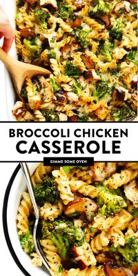 This healthier Broccoli Chicken Casserole recipe is made with your choice of pasta, tender chicken and broccoli, and the most delicious creamy cheddar mushroom sauce. It's modern comfort food at its best! | gimmesomeoven.com #chicken #casserole #dinner #comfortfood #healthy #glutenfree #mealprep #pasta