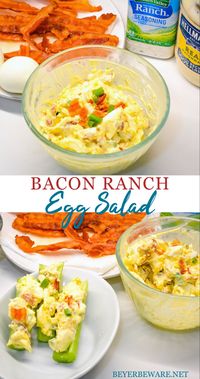 Bacon Ranch Egg Salad is a low-carb and keto egg salad recipe made with base ingredients of hard-boiled eggs, bacon, mayonnaise, and ranch seasoning and can be doctored up with the addition of items like green onions, cheese, and avocados.