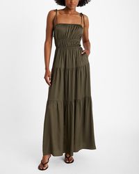 Square Neck Sleeveless Tie Shoulder Ruched Tiered Maxi Dress | Express