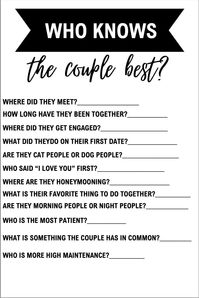 Printable Engagement Party/ Wedding Game Questionnaire. Download and print who knows the couple best questionnaire. Engagement party ideas.