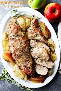 Apple Mustard Glazed Pork Tenderloin balances the savory flavor of roasted pork with the bright sweetness of apples and the tangy zest of mustard. With only 5 minutes of prep time, this delicious and healthy dinner is quick and easy, too! Enjoy it on a crisp fall evening with a hot mug of cider.