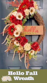 Fall wreath with handpainted Hello sign! Welcome your guests as they walk up to your front door with this beautiful large oval front door wreath.