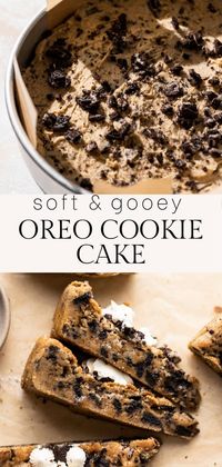 This oreo cookie cake is a giant gooey cookie stuffed with Oreos and decorated with buttercream frosting. This fun dessert comes together quickly and is everything you love about a cookie in cake form!