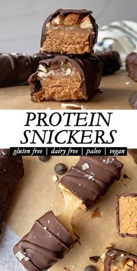 These homemade protein snickers bars have a soft nougat layer that's topped with gooey caramel and chopped almonds, then dipped in dark chocolate. This snickers bar recipe is paleo, vegan, gluten free and dairy free - perfect for a healthy dessert!