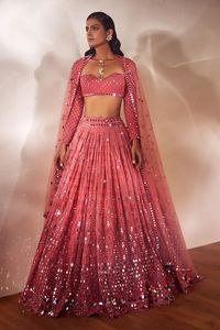 Buy Peach Organza Sweetheart Neck Embellished Bridal Lehenga Set For Women by Vvani by Vani Vats Online at Aza Fashions in US