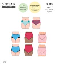 Bliss full briefs with low, medium and high rise options and anti chafe shorties pdf sewing pattern for women (PDF) – Sinclair Patterns