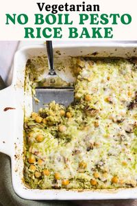 This pesto rice bake is a no-boil vegetarian casserole that requires just 5 minutes of active time to make! The rice cooks in the oven alongside storebought or homemade pesto and a few pantry staples.