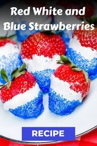 These easy dessert strawberries decorated in a festive red, white, and blue, are perfect for patriotic celebrations like the Fourth of July or Memorial Day. Or simply because you’re in the mood for something sweet and fruity.

Plus, you only need 3 simple ingredients to whip up these tasty treats! So grab your ingredients and get ready to enjoy a delicious fruit dessert!

#redwhiteblue #dessertstrawberries #4thofjulyfood