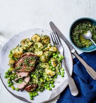 Minty salsa verde lamb with lemony potatoes and leeks recipe | Sainsbury`s Magazine