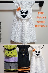 Learn to Crochet Halloween Towels and add a little fun & spooky Halloween décor to your kitchen or bathroom. #freecrochetpattern #frankenstein #ghost #blackcat #crochetblackcat #crochetghost #ghostcrochetpattern #blackcatcrochetpattern #catcrochetpattern #frankensteinsmonstercrochet #crochetfrankensteinsmonster #crochetfrankenstein #crochetcat #frankensteincrochet #halloweencrochet #crochethalloween #crochethalloweenfreepattern #crochetpattern #halloweenhomedecor #crochethomedecor