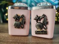 Vintage Beach Salt and Pepper Shakers, Barbados Souvenir Shakers, UNused Lustro Ware S&P Shakers, Pink Color w/Silver Seahorse by PennyLaneTreasures on Etsy