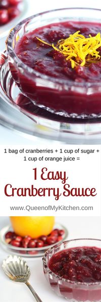 1 Easy Cranberry Sauce is the easiest ever homemade cranberry sauce. Just 3 ingredients, 1 measurement, and 0 cleanup. The perfect complement to your Thanksgiving Turkey. | QueenofMyKitchen.com