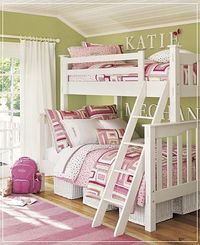 A cute way to make a 'green' girls room for my daughter who's favorite color is green, and I love the names above the beds!