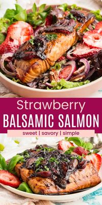 This Strawberry Balsamic Salmon recipe coats flaky salmon in a sweet and savory sticky glaze that features a blend of honey, balsamic vinegar, and strawberries. Serve this beautiful fish dish with rice, or on top of a fresh and crisp salad.