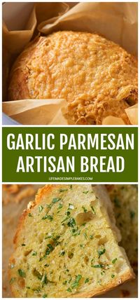 Foolproof garlic parmesan artisan bread. It’s crusty on the outside, soft on the inside and loaded with garlic, a hint of rosemary and lots of cheese! #garlicparmesanartisanbread #artisanbread #garlicparmesanbread #garlicbread