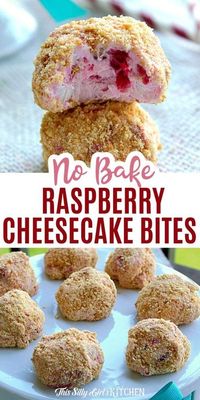 Enjoy these cute and simple no-bake raspberry cheesecake bites from This Silly Girl's Kitchen! An easy and delicious way to treat your cheesecake cravings! These little bites are adorable and full of flavor. The smooth cheesecake filling is coated in graham cracker crumbs, reminiscent of your favorite cheesecake!