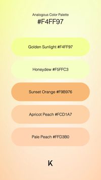 Analogous Color Palette Golden Sunlight #F4FF97 · Honeydew #F5FFC3 · Sunset Orange #F9B976 · Apricot Peach #FCD1A7 · Pale Peach #FFD3B0 · Golden Sunlight #f4ff97: A luminous, vibrant yellow radiating warmth and joy, embracing optimism with a touch of playful energy. ·  #Citrine #Color #ColorPalette #GoldenGlow #GoldenPoppy #GoldenSunlight #Hex #SunshineYellow · Kid’s Pattern