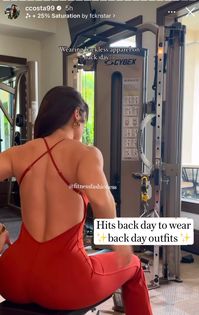 Back goals, fitness motivation, workout, back day workouts women, jumpsuit, red jumpsuit, lean back, core strength, red jumpsuit, backless top, gym inspo, ig inspo, Instagram ideas, gym pictures, tennis, gym girl, fitness, fashion, Pilates Princess, coquette girl, self care, Alphalete, buff bunny