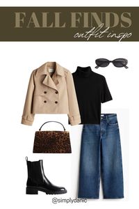 Fall 2024 Outfit Inspo  - Black Turtleneck Sweater Top - Cropped Trench Coat - Wideleg Jeans - Black Sunglasses - Leopard Purse - Black Booties  Products Linked