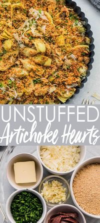 Stuffed Artichoke Hearts take the work out of stuffing an artichoke. Hearts are topped with a stuffing of breadcrumbs, parmesan & garlic. // appetizers // recipes // baked // italian 