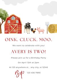 Oink Cluck Moo Farm Watercolor second birthday invitation is customizable