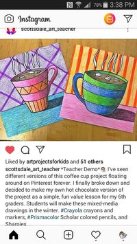 Coffee cup graphic: strong lines, bold colors, evoking warmth. Winter art class.