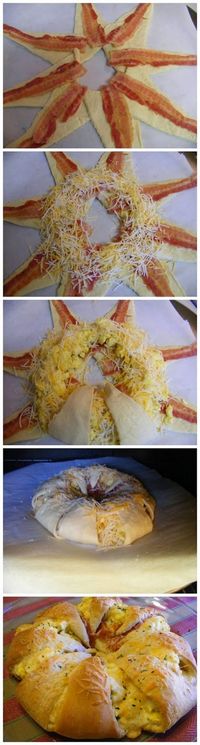 Crescent Roll Breakfast Ring with Recipe link on How To Easy Breakfast Recipe ~Crystaline ... http://www.pillsbury.com/holidays-celebrations/easter/bacon-egg-cheese-brunch-ring-how-to