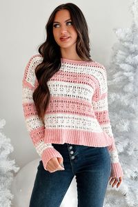 My Sweeter Side Open Knit Stripe Sweater (Pink)