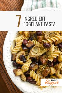 This vegan eggplant recipe only uses 7 ingredients!In this easy roasted eggplant pasta recipe, eggplant, olives and artichoke hearts are baked until meltingly tender, and are then tossed with your choice of pasta and a flavorful olive oil and vinegar dressing. It’s super quick and the meaty texture of the roasted eggplant makes this a great vegetarian dinner for the week! Make this meatless monday recipe soon!