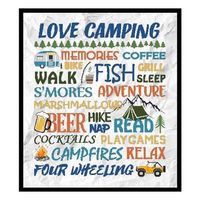 Love Camping - Colorful counted cross stitch pattern designed by Cross Stitch Wonders. Can be printed instantly online. A wonderful colorful LOVE CAMPING in counted cross stitch design by Marcia Manning. Design is 290 stitches wide by 340 stitches high. Shown on Scrunched Paper Fabric by Fabric Flair from Stitchery Xpress.