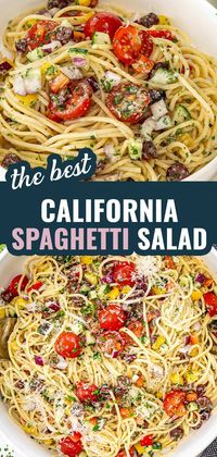 Looking for a fresh and easy dish? Try this California Spaghetti Salad! Packed with veggies and tossed in a zesty Italian dressing, it's perfect for any meal or gathering. #CaliforniaSpaghettiSalad #PastaSalad #FreshAndDelicious #EasyRecipes #HealthyEating #JoCooks