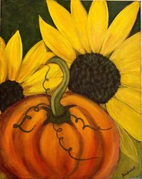 Fall Vibes is a cheerful fall scene featuring 2 sunflowers and a pumpkin. Perfect for your mantel! Done in acrylics on a stretched cotton 11x14" canvas.