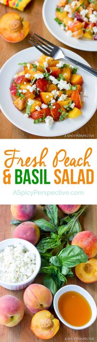 Fresh Peach Salad Recipe with Basil: Peaches, basil leaves, and goat cheese mixed together with a touch of honey for sweetness. #Peach #PeachSalad #PeachSaladRecipe #FreshPeachSalad #Fresh #Honey #Basil #GoatCheese #Summer #SummerProduce