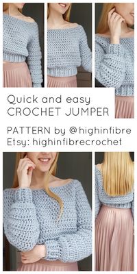 This is a fun, quick and easy crochet project for all levels! And, you end up with this cute and cozy jumper! Find the pattern in my Etsy shop: highinfibrecrochet, and find me on Instagram @highinfibre!