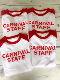 This listing is for ONE shirt with the Carnival Staff vinyl design shown above. Please note Raglans are UNISEX. We recommend sizing down for women. Raglans have red sleeves and t-shirts are SOLID white! Circus Tent Birthday Shirts available for purchase here: https://www.etsy.com/listing/596183162/circus-birthday-shirt-personalized https://www.etsy.com/listing/580386262/circus-birthday-shirt-personalized Please choose size in the drop down box. If you do not see it in the drop down please messag