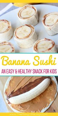 After school snacks are essential at our house. This quick and easy, protein-rich banana sushi is a favorite healthy snack your little monkeys will love!