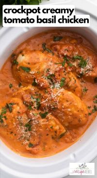 This Slow Cooker Creamy Tomato Basil Chicken Breast is SO easy and flavorful, you wouldn't believe it only has a few ingredients! The perfect easy crockpot chicken recipe for busy weeknights! #chicken #chickenbreast #slowcooker #crockpot #dinner