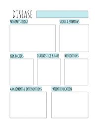 This is a study template made easy for any and all medical disease and diagnosis  Fill this guide out and use it to study for your exams   I used this guide myself during nursing school and it was a life saver!  I will be offering 5 different color options: (pastel) blue, pink, green. yellow, and purple