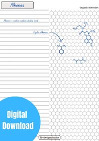 This template makes learning Organic Chemistry easy. It allows chemistry students to familiarise themselves with molecule structure and allows them to take notes on key features. This template is also perfect for those who are learning how to draw in skeletal structure when depicting organic molecules. This product is a DIGITAL DOWNLOAD, access is granted after purchase. Upon purchase size provided - A4 (which can be printed as A4, A3, A2 and A1)