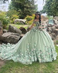 Angelsbridep Mint Green Ball Gown Quinceanera Dresses With 3D Flower Princess Birthday Party Dress