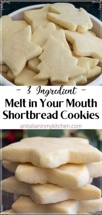 These easy, melt in your mouth 3 Ingredient Shortbread Cookies, are a must for every Holiday Cookie Tray. All you need is flour, butter and sugar, cut out or roll and slice, they will be loved by all.